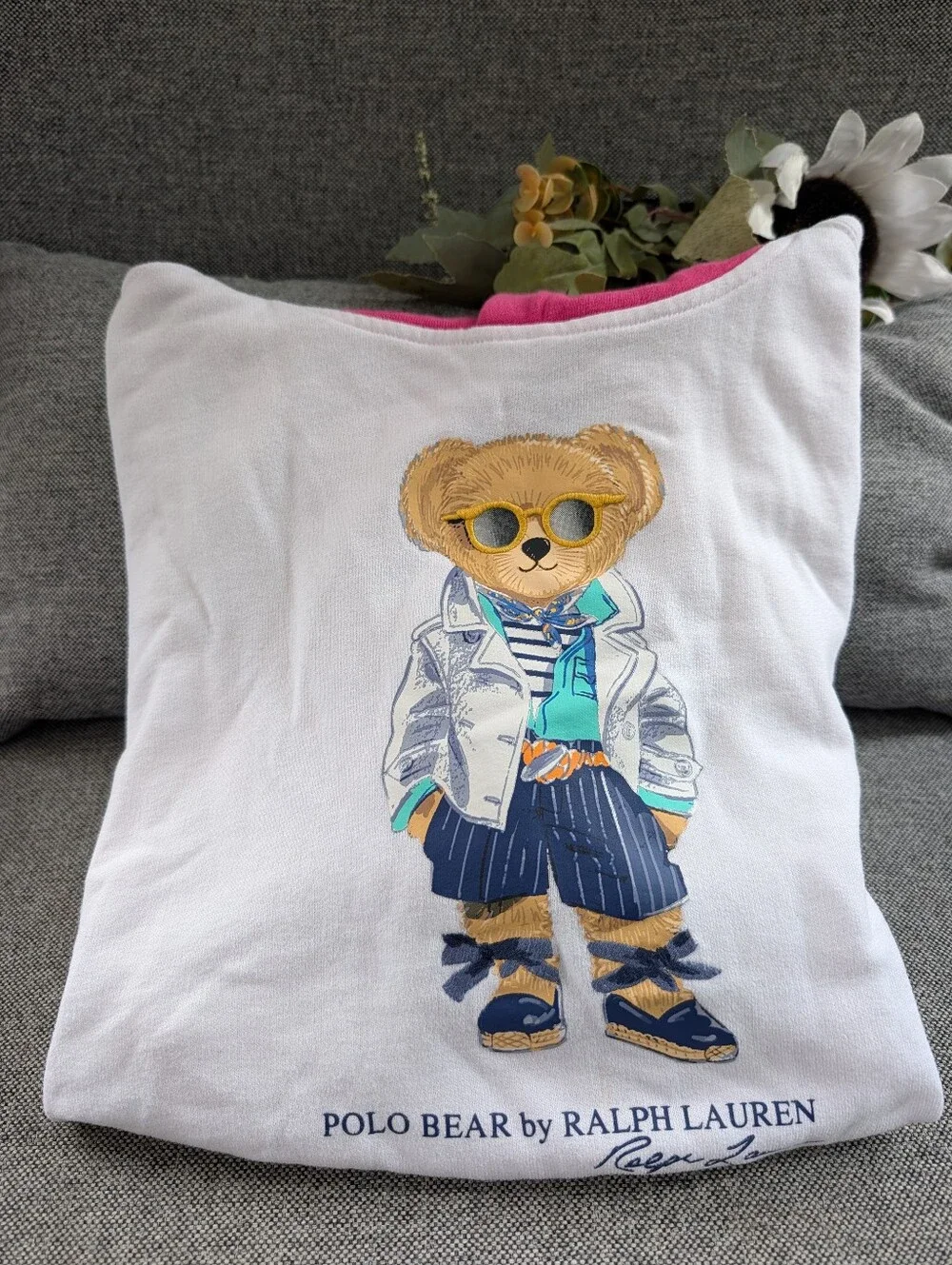 Ralph Lauren Polo Bear Kids' White Hoodie with Pink Hood
